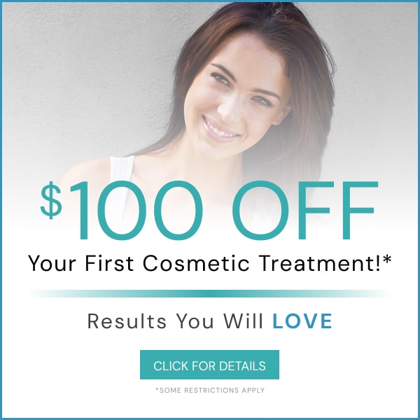 The offer "$100 OFF Your First Cosmetic Treatment! Results You Will Love" beside a smiling woman, with a Click for Details button